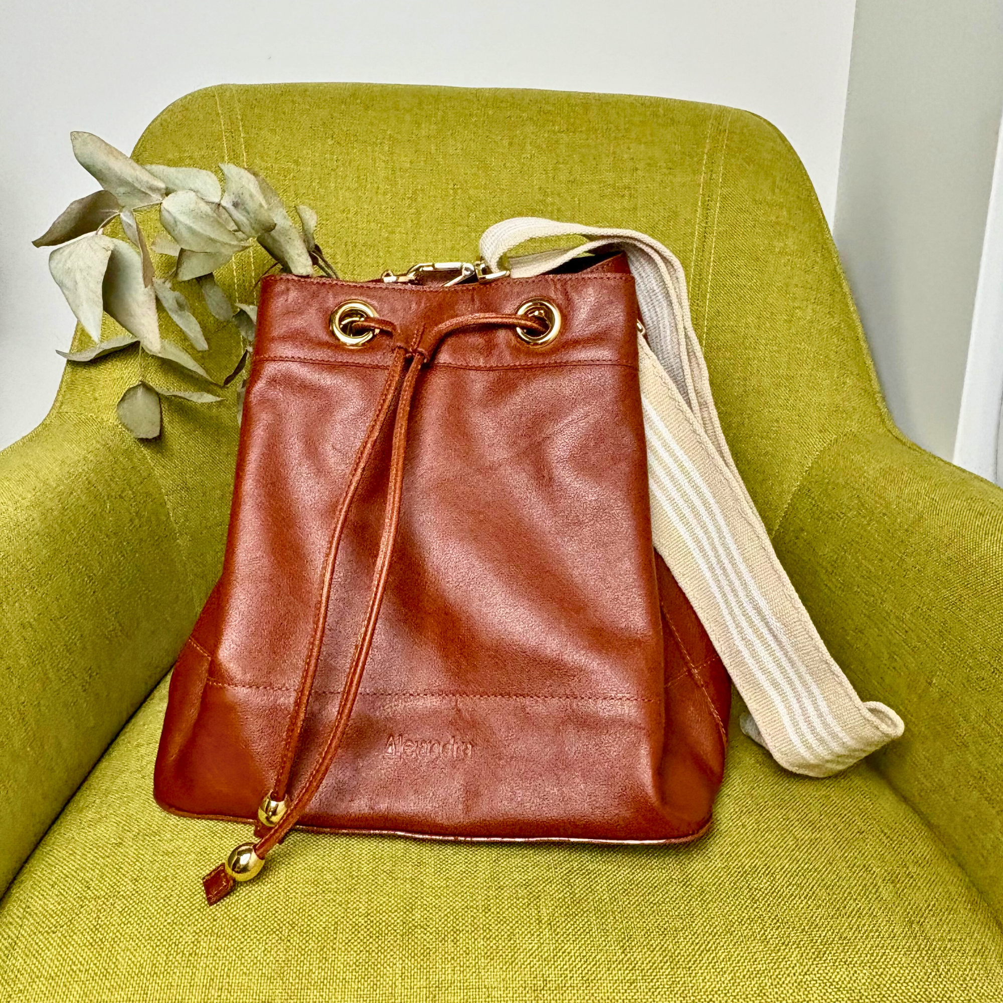 Charlotte Genuine Leather Bucket Bag Cognac Alejandra Collective