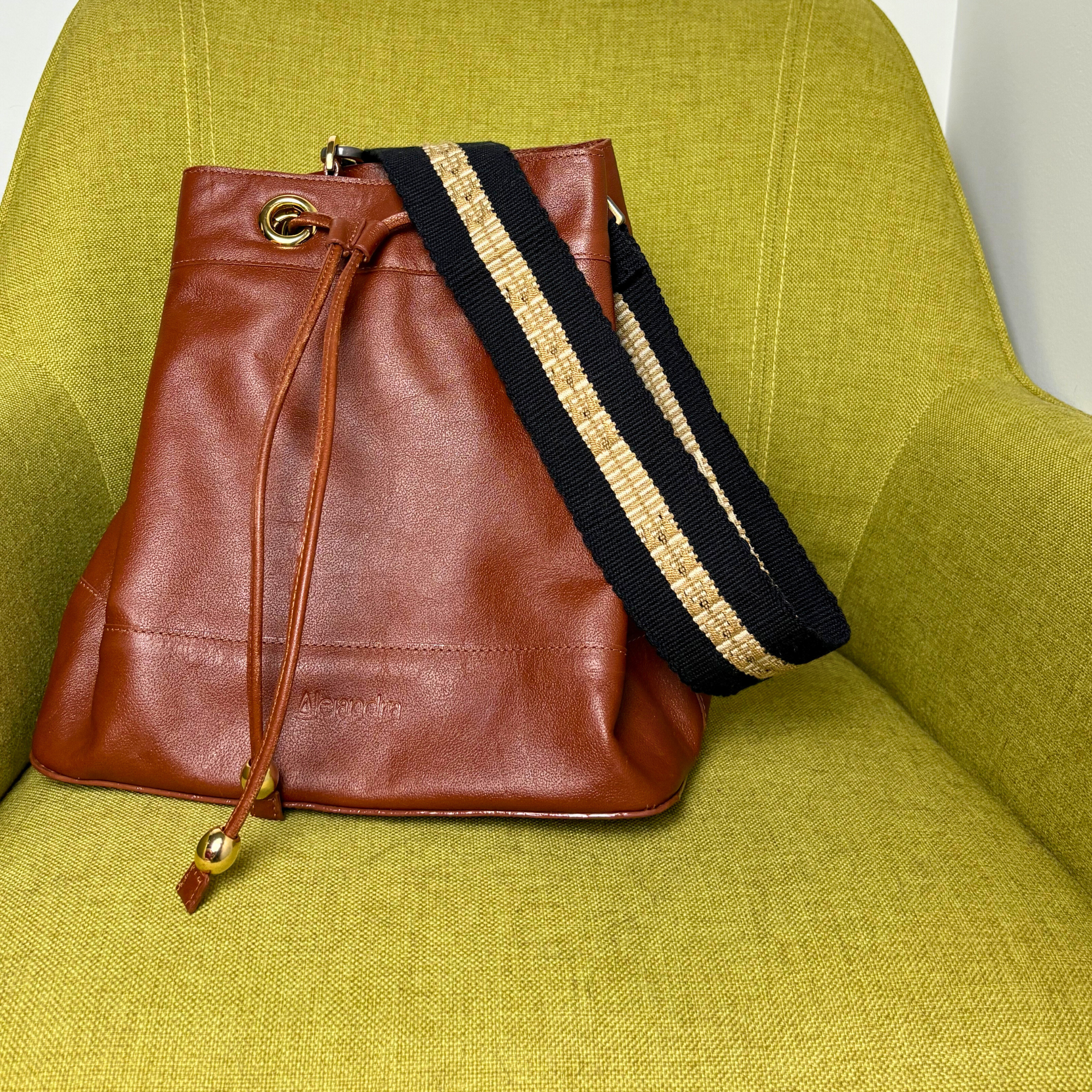 Charlotte Genuine Leather Bucket Bag Cognac Alejandra Collective