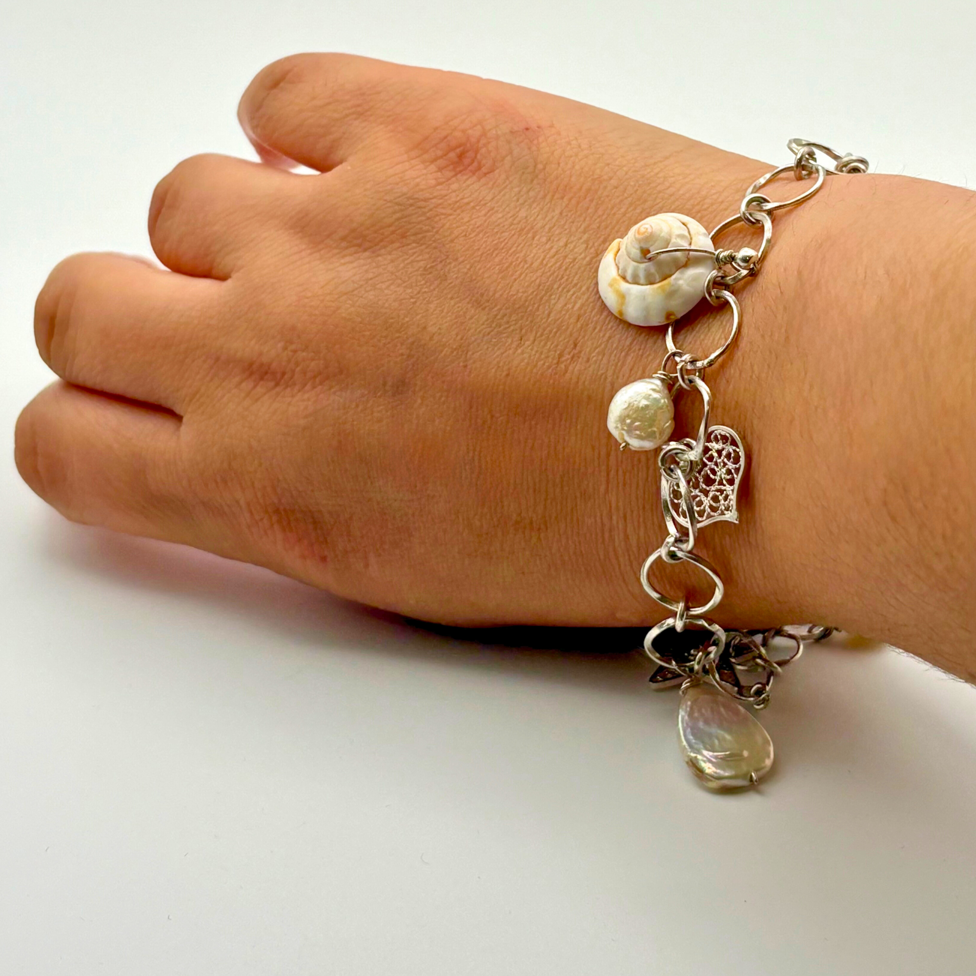 Filigree Pearl Charm Bracelet Silver Alejandra Collective