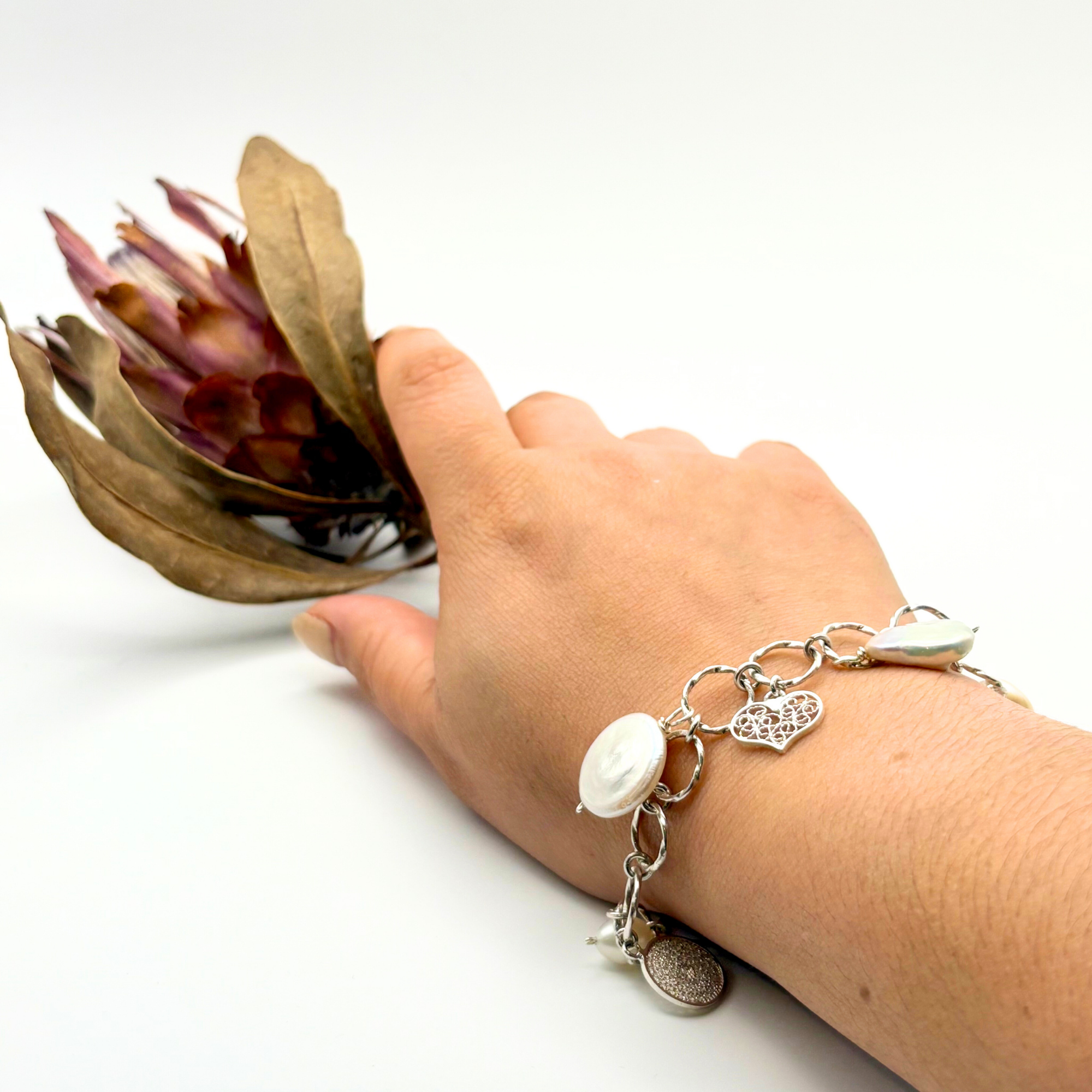 Filigree Pearl Charm Bracelet Silver Alejandra Collective