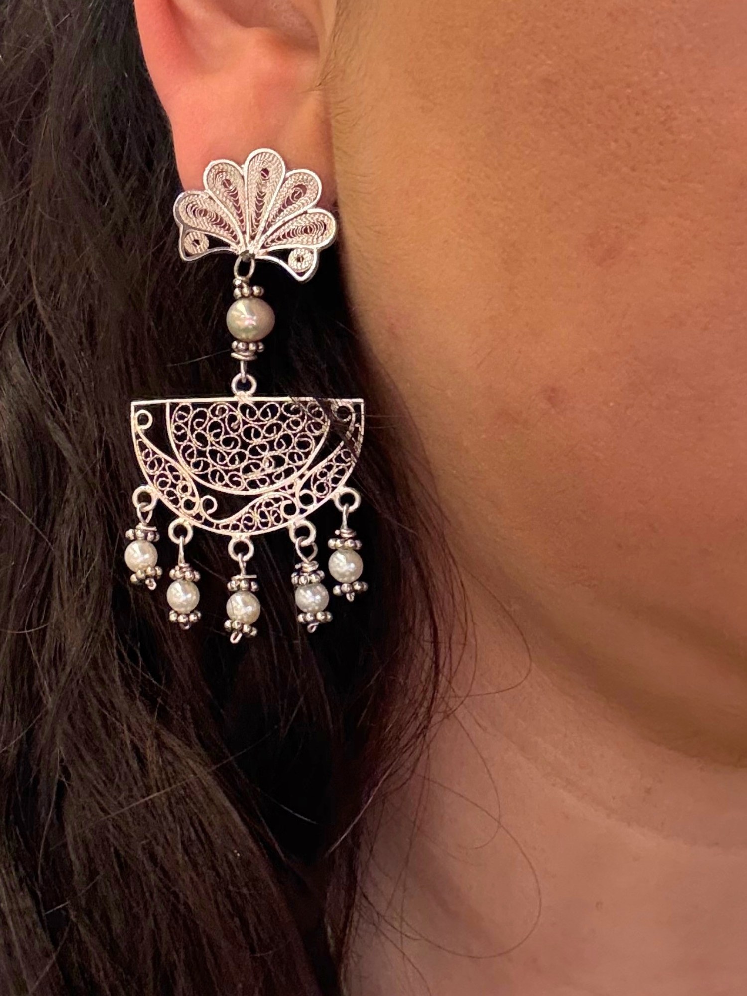 Verano Luna Shell Pearls Statement Filigree Earrings