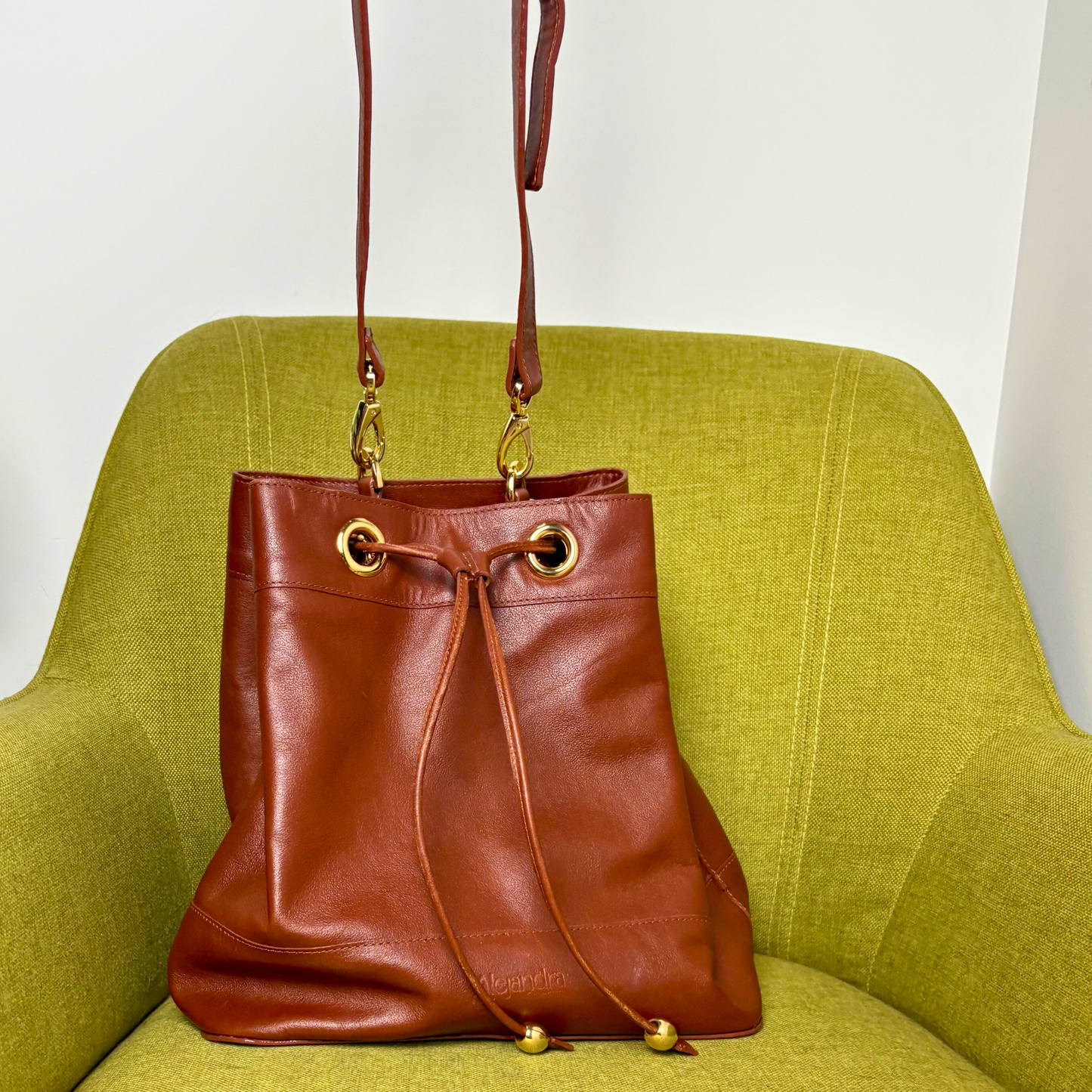 Charlotte Genuine Leather Bucket Bag Cognac
