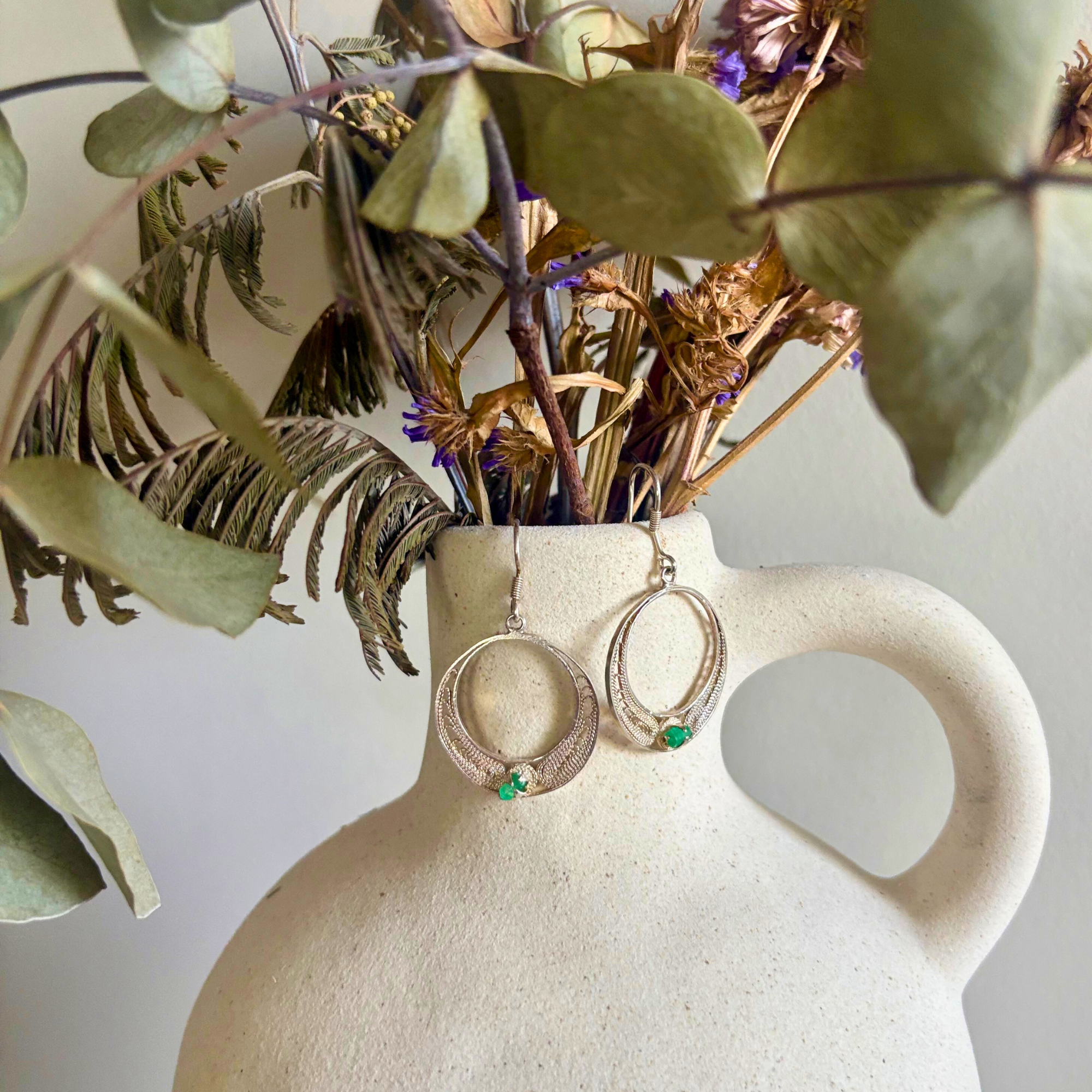 Gulia Moon Filigree Earrings with Colombian Emerald Alejandra Collective