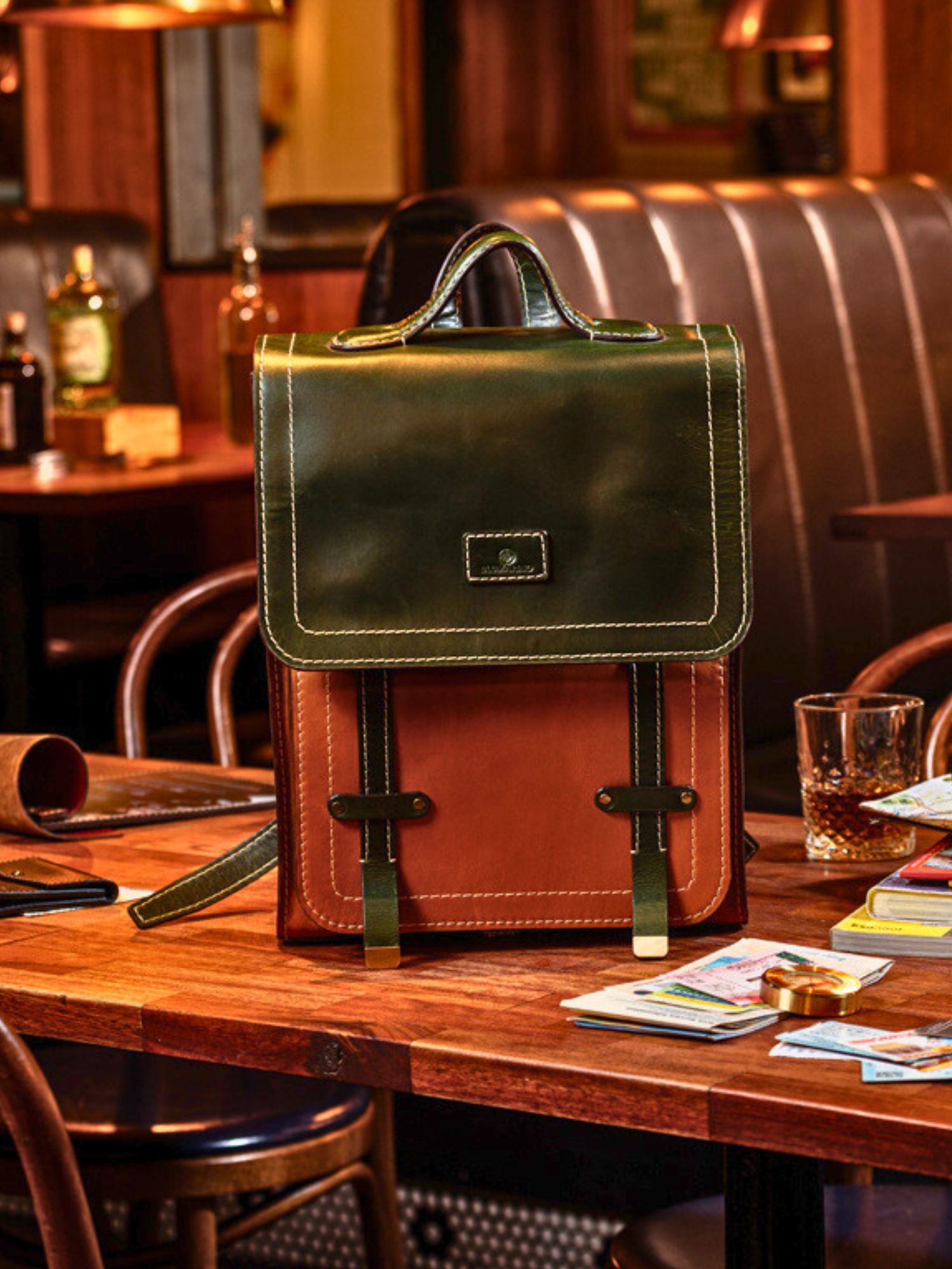 Florence Men Leather Backpack Green and Tan