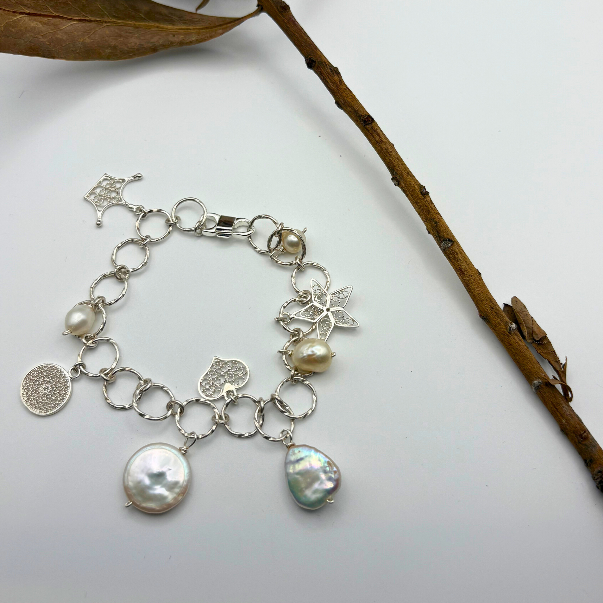 Filigree Pearl Charm Bracelet Silver Alejandra Collective