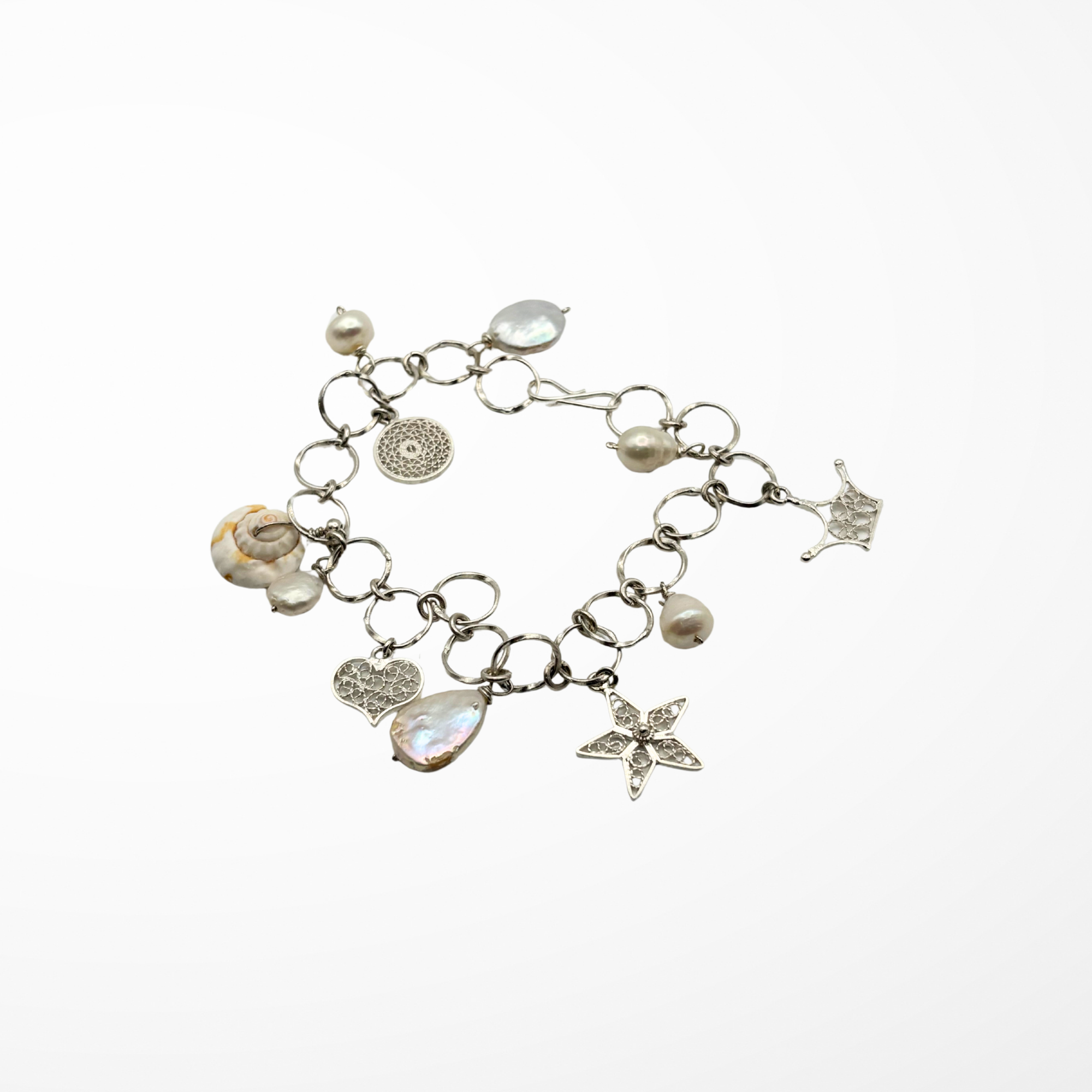 Filigree Pearl Charm Bracelet Silver Alejandra Collective