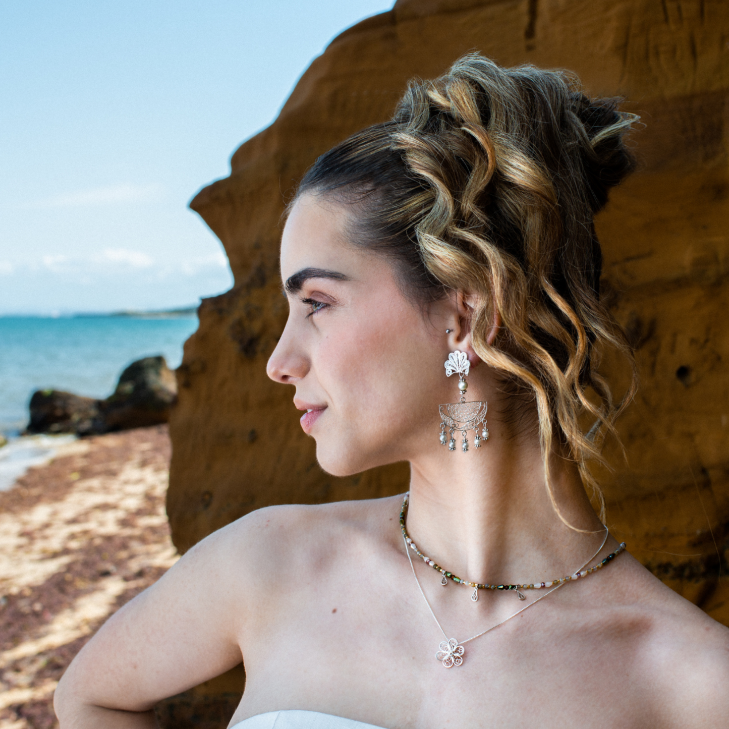 Verano Luna Shell Pearls Statement Filigree Earrings